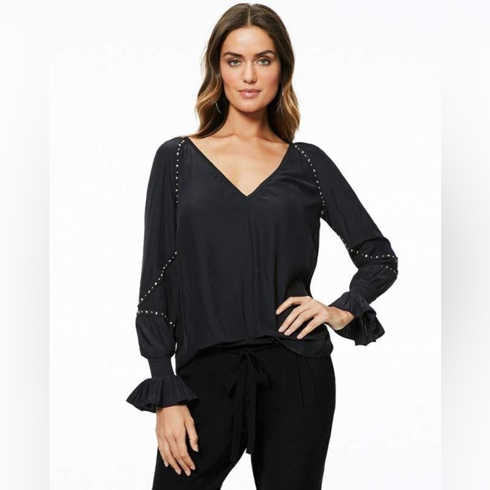 Ramy Brook Black V-Neck Long Sleeve Lightweight with Embellishments EUC